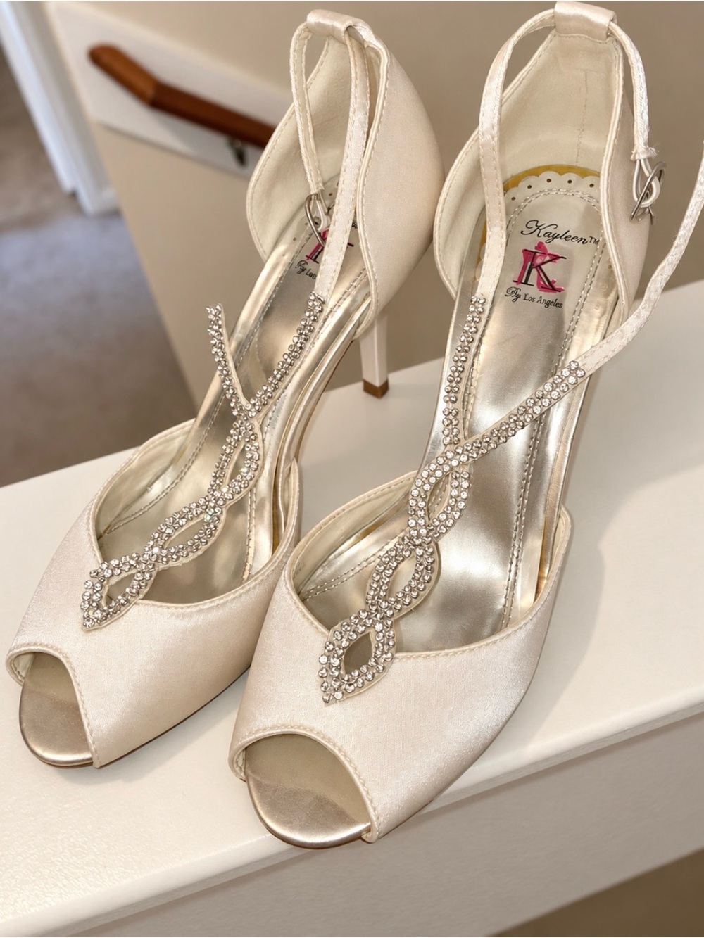 KAYLEEN By Los Angeles Ivory Satin Peep-Toe Rhinestone T-Strap Heels